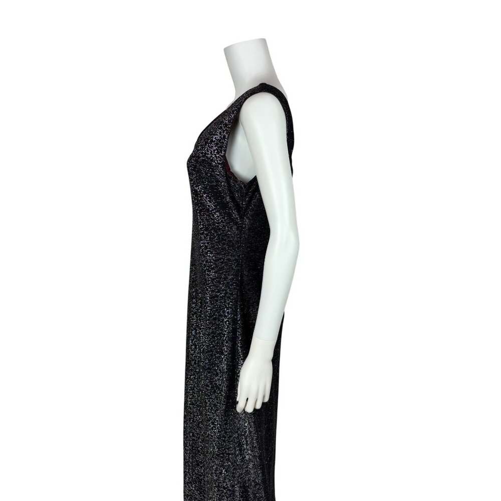 Vintage 70s Metallic Dress Womens Large Black Silver Lurex V Neck Midi Evening P - Picture 6 of 10